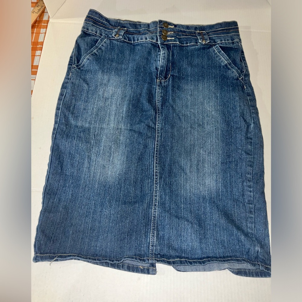 Vintage No Fuze Jean Skirt Womans 14 High Rise Modest Y2K Midi  Denim